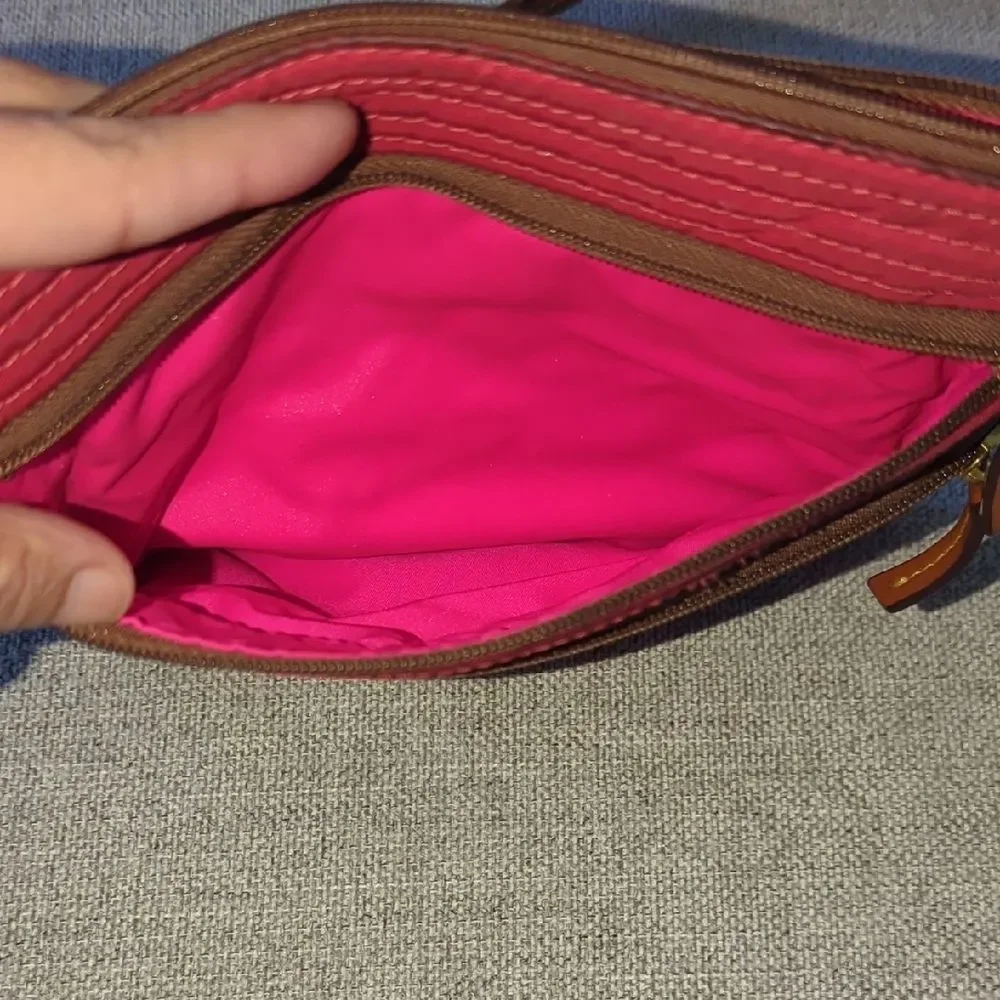 Red Nylon Dooney & Bourke Triple Zip Crossbody with tan Leather Trim